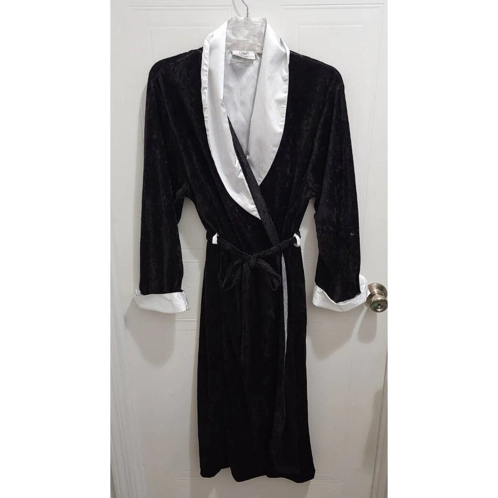 Vintage Audrey Lane Women's Black Velvet Robe White Satin Trim Belted‎ Sz Medium